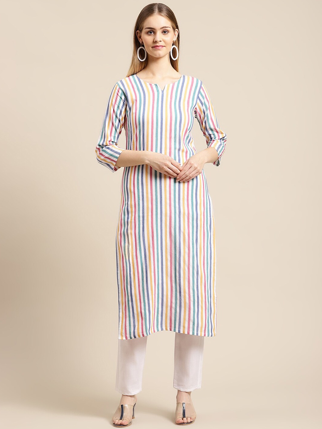 

GUNVANTI FAB Women Multicoloured Striped Empire Kurta with Trousers, Multi