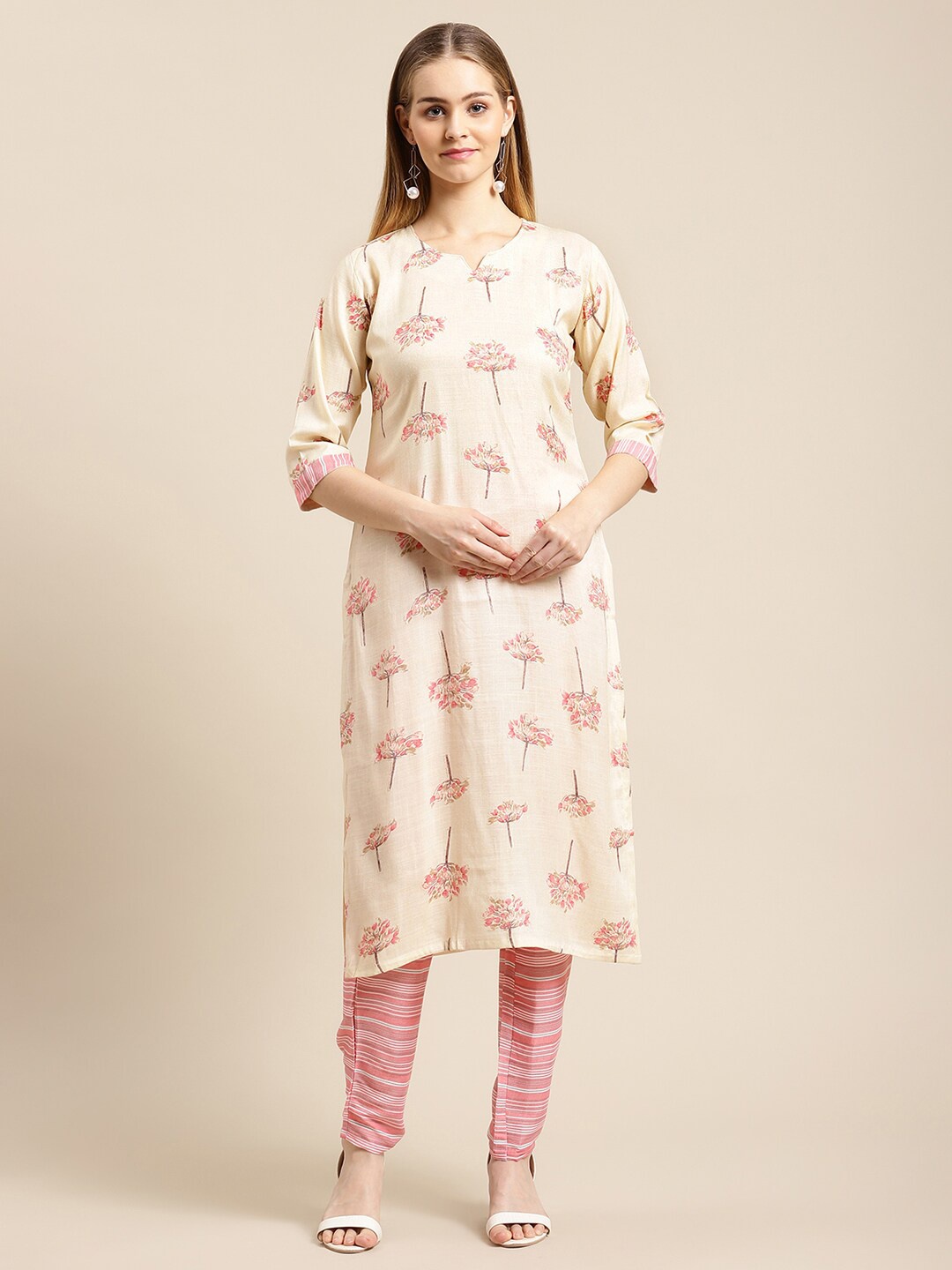 

GUNVANTI FAB Women Cream-Coloured Floral Printed Panelled Pure Cotton Kurti with Churidar
