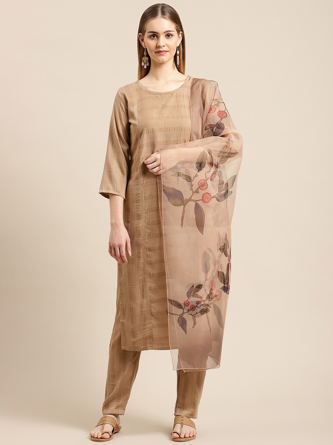 

GUNVANTI FAB Women Beige Embroidered Kurta with Trousers & With Dupatta