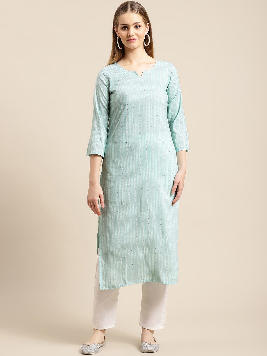

GUNVANTI FAB Women Blue Striped Sequinned Kurta with Trousers