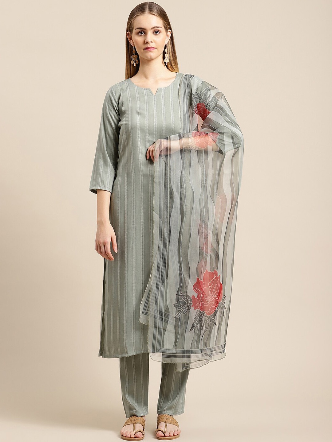 

GUNVANTI FAB Women Olive Green Embroidered Layered Kurta with Trousers & With Dupatta