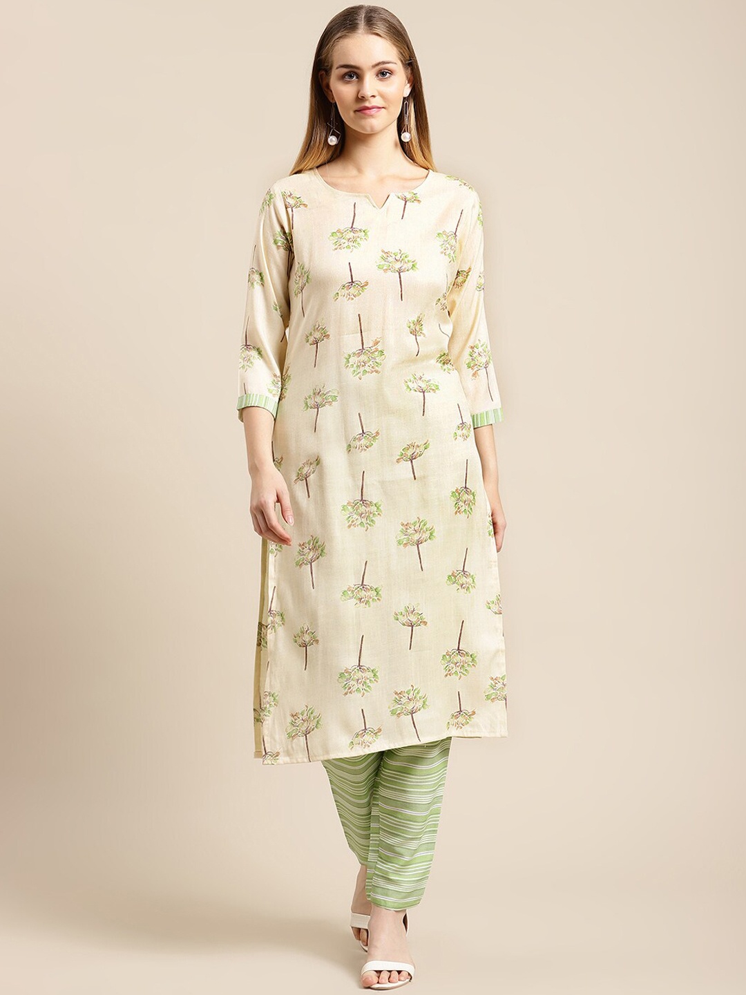 

GUNVANTI FAB Women Cream-Coloured Printed Panelled Pure Cotton Kurti with Trousers