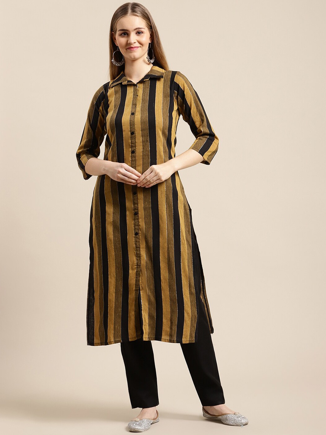 

GUNVANTI FAB Women Yellow Striped Layered Kurti with Trousers