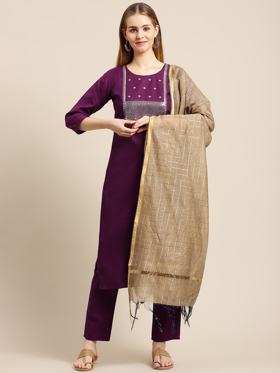 

GUNVANTI FAB Women Purple Panelled Sequinned Kurta with Trousers & With Dupatta