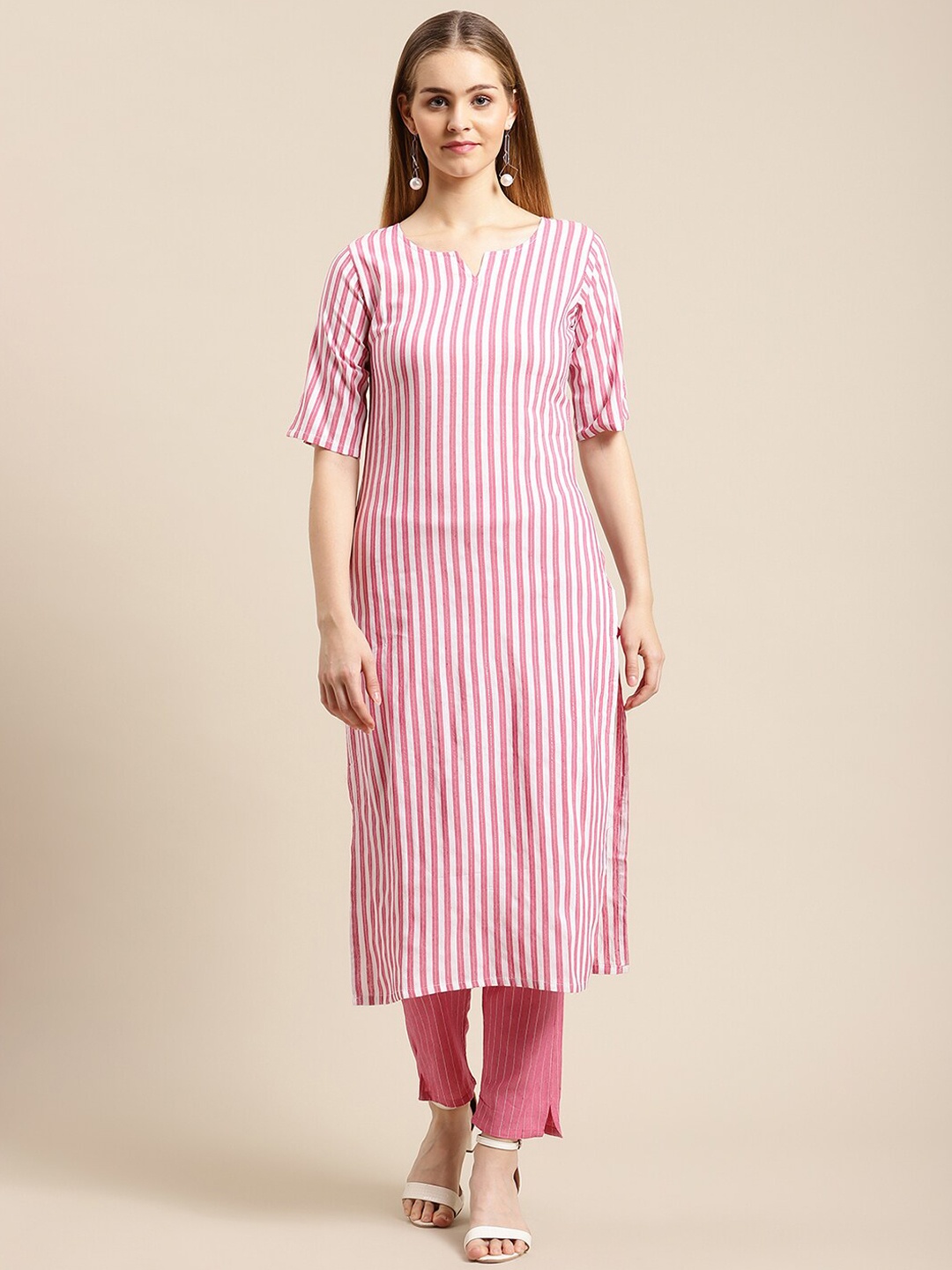 

GUNVANTI FAB Women Pink Striped Panelled Kurti with Trousers