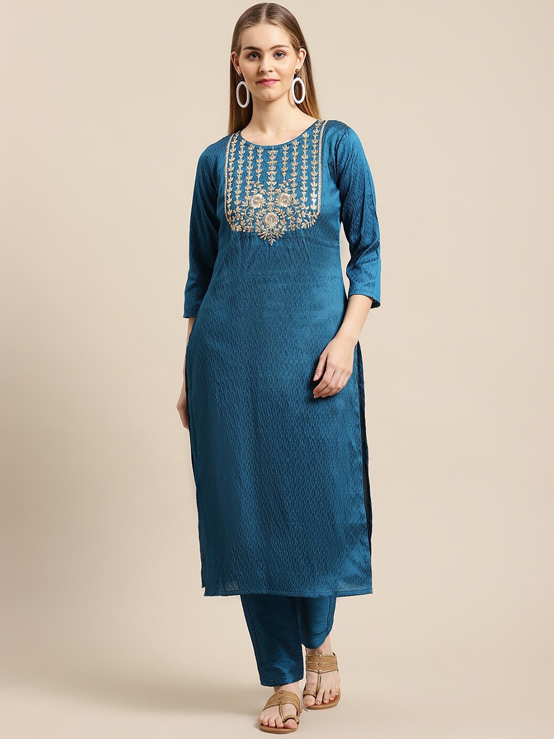 

GUNVANTI FAB Women Blue Yoke Design Empire Thread Work Kurti with Trousers