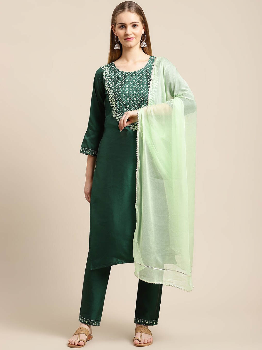 

GUNVANTI FAB Women Green Embroidered Layered Mirror Work Kurti with Trousers & With Dupatta