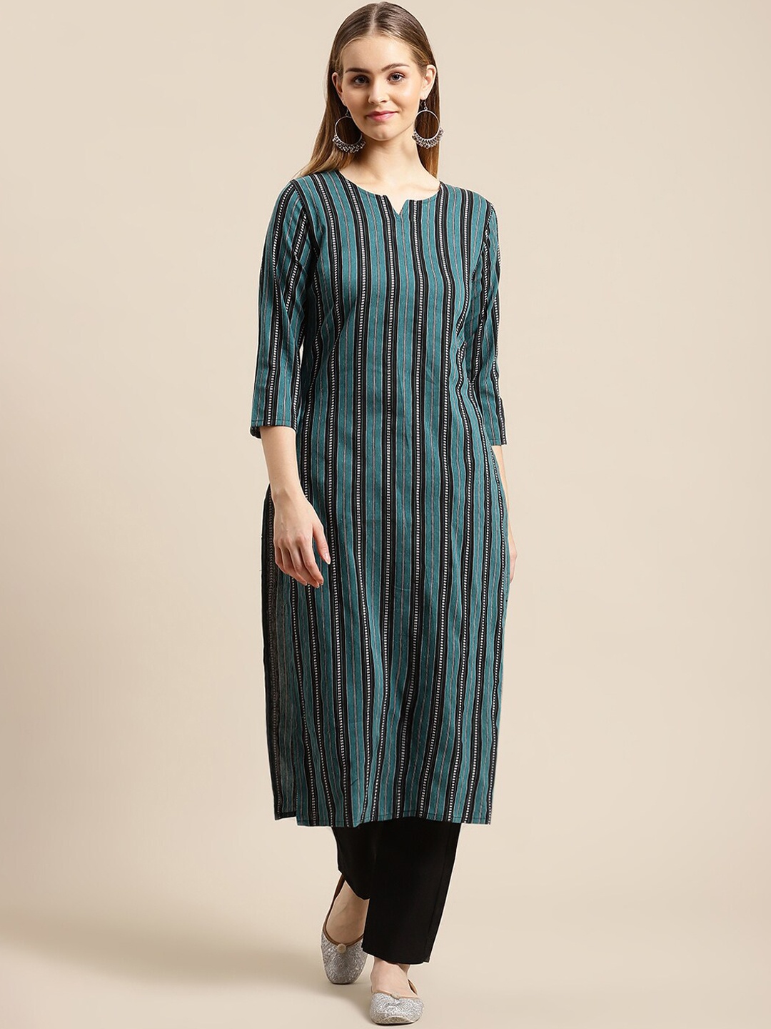 

GUNVANTI FAB Women Black Striped Kurta with Trousers
