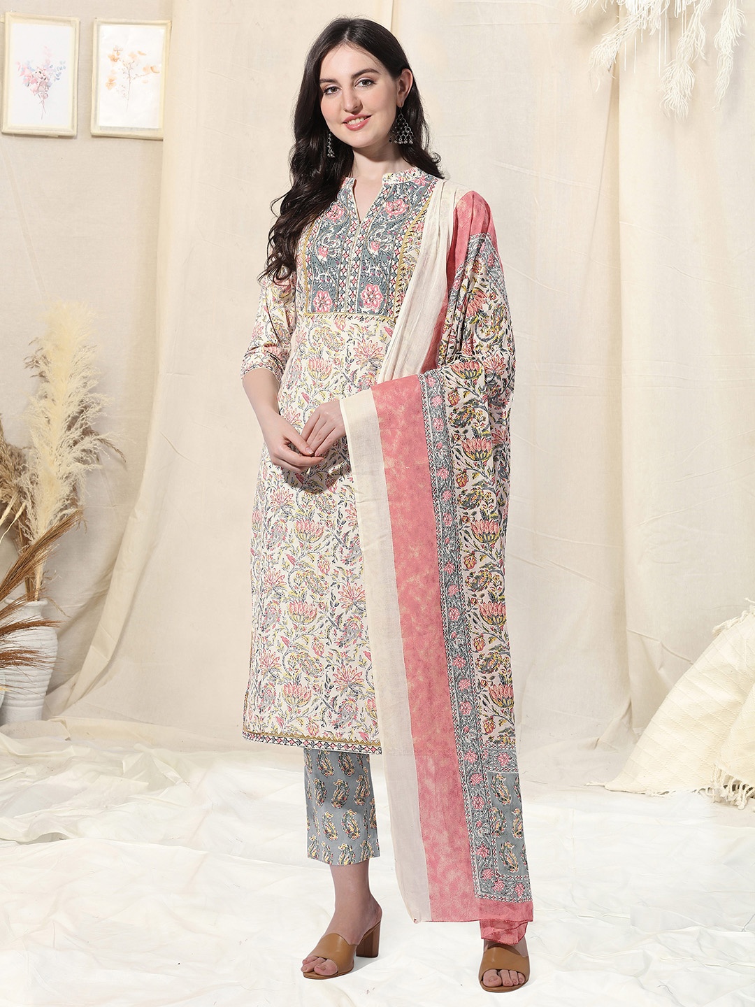 KALINI Women Plus Size Cream Ethnic Pure Cotton Kurta with Trousers & Dupatta
