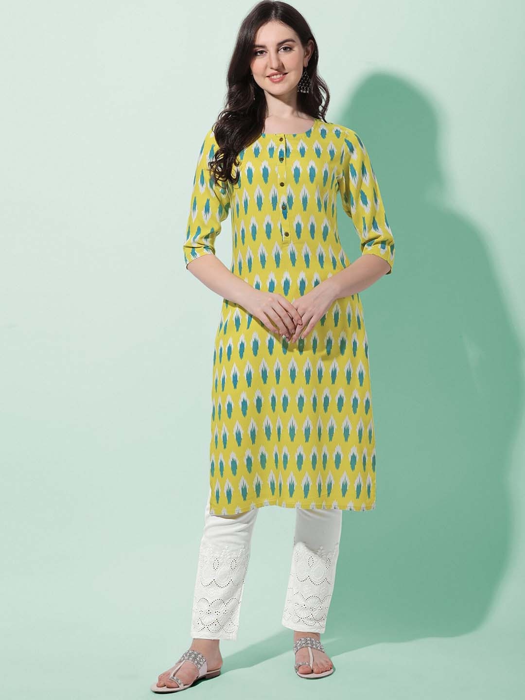 

KALINI Women Plus Size Lime Green Printed Pleated Chikankari Kurti with Trousers
