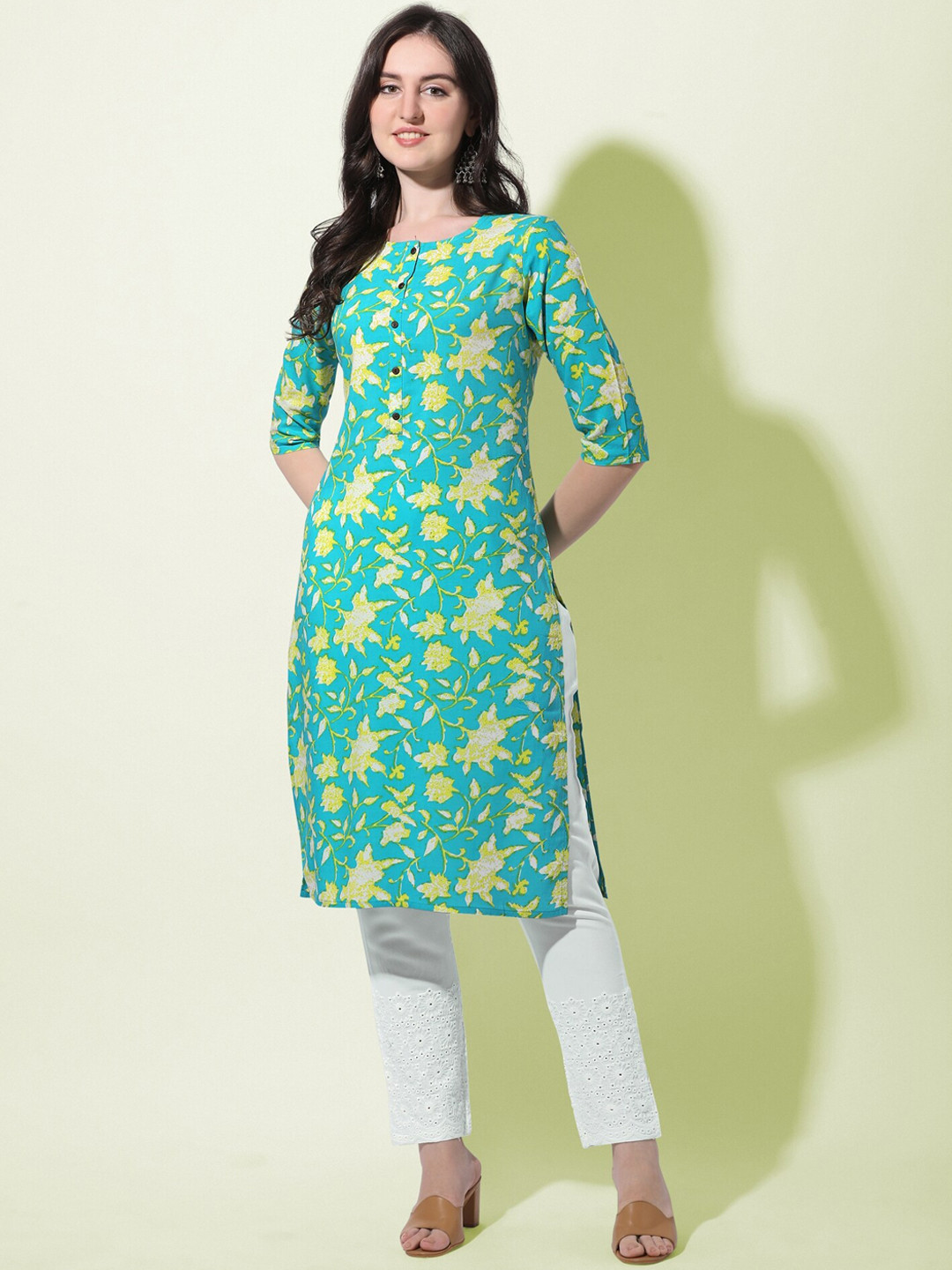 

KALINI Women Plus Size Blue Floral Printed Chikankari Kurti with Trousers