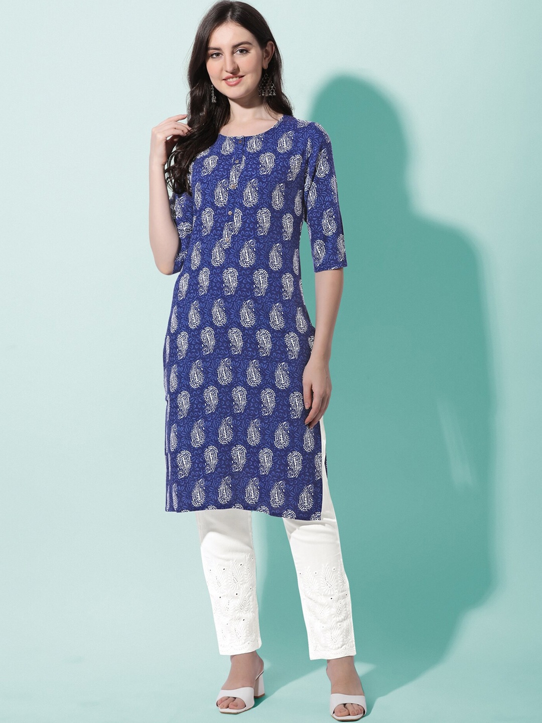 

KALINI Women Plus Size Navy Blue Ethnic Printed Chikankari Kurta with Trousers