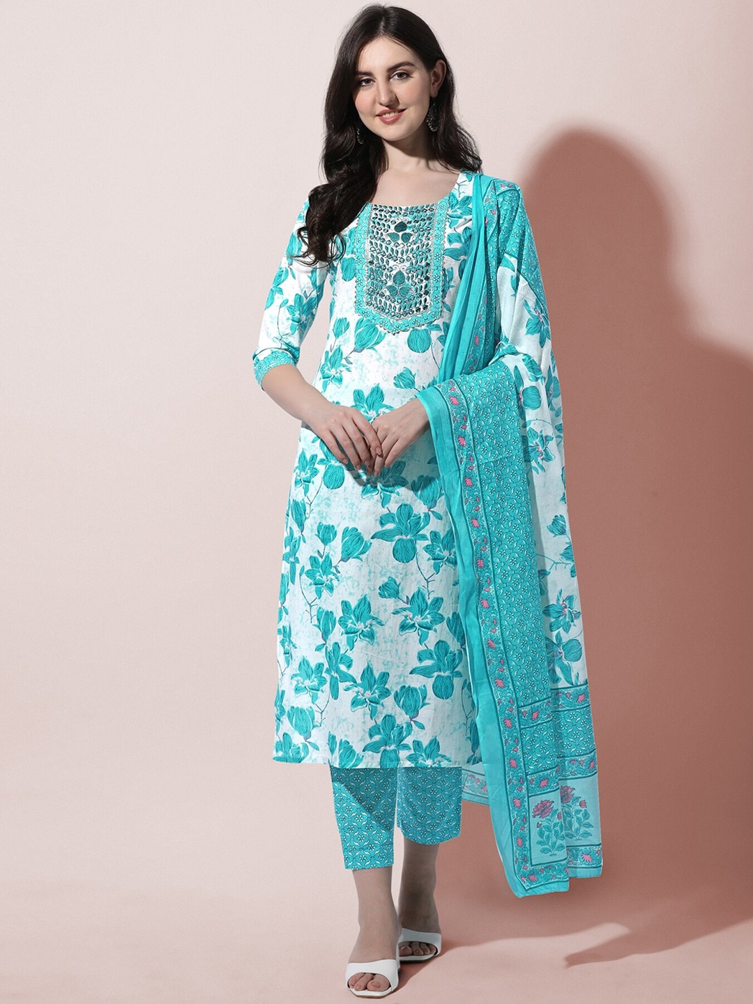 

KALINI Women Plus Size White Printed Pure Cotton Kurti with Trousers & With Dupatta