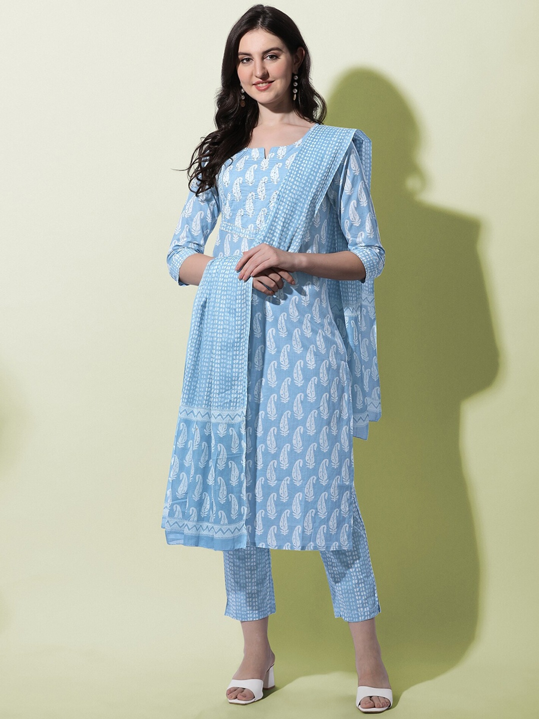 

KALINI Women Plus Size Blue Ethnic Printed Pure Cotton Kurti with Trousers & With
