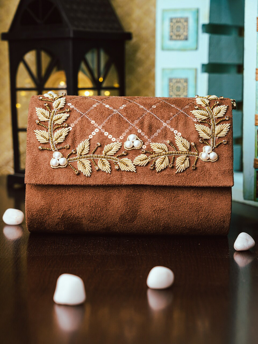 

NR By Nidhi Rathi Women Brown & Gold-Toned Embroidered Box Clutch