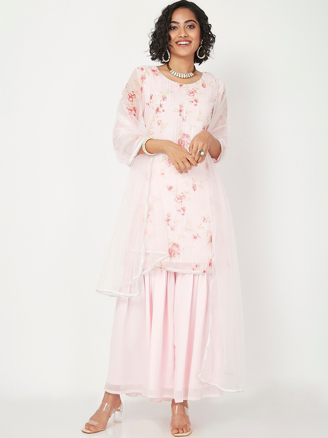 

Ethnicity Women Pink Floral Embroidered Angrakha Kurti with Skirt & With Dupatta