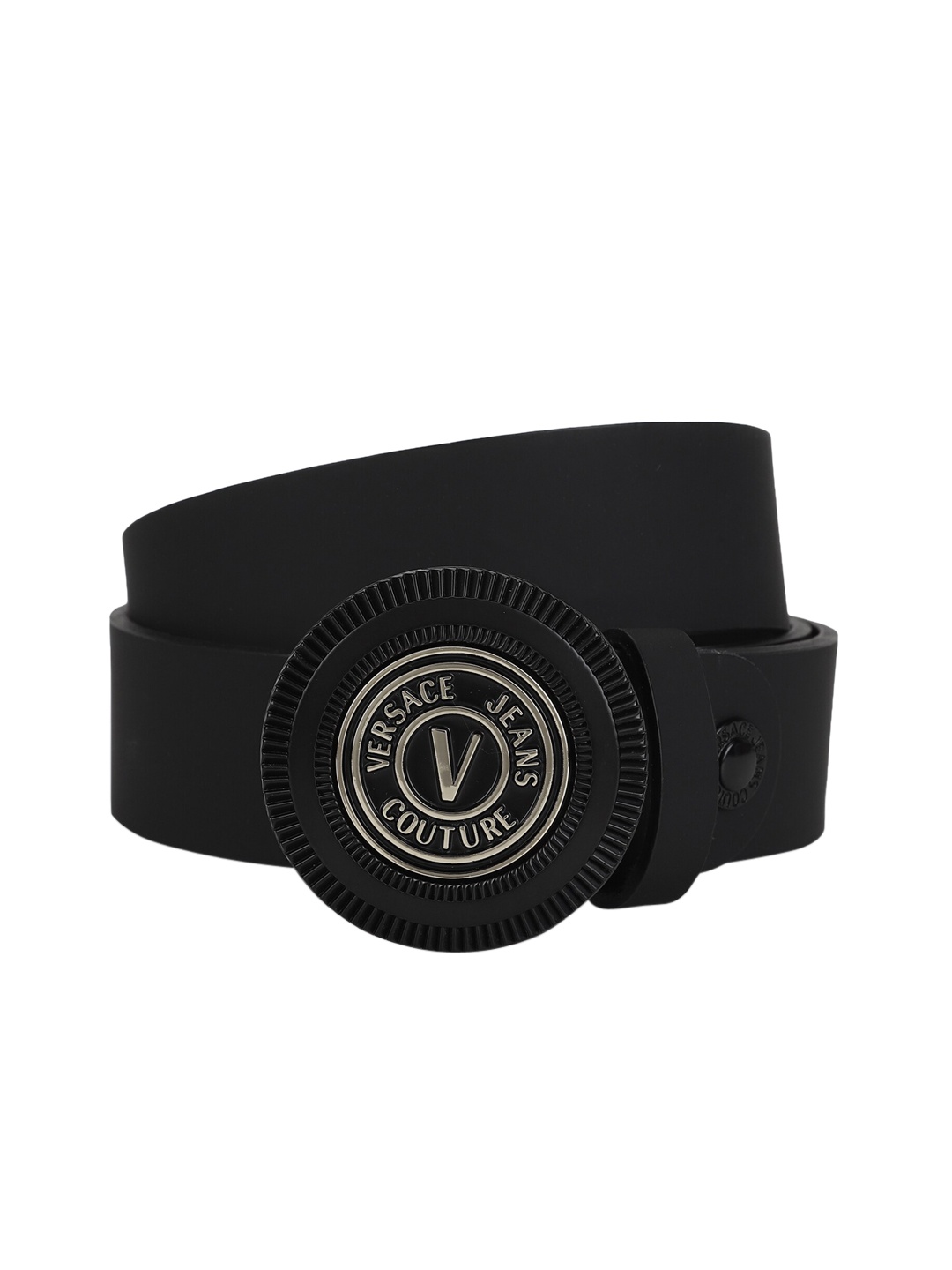 

Versace Jeans Couture Men Black Round Plaque Brand Buckle Leather Belt