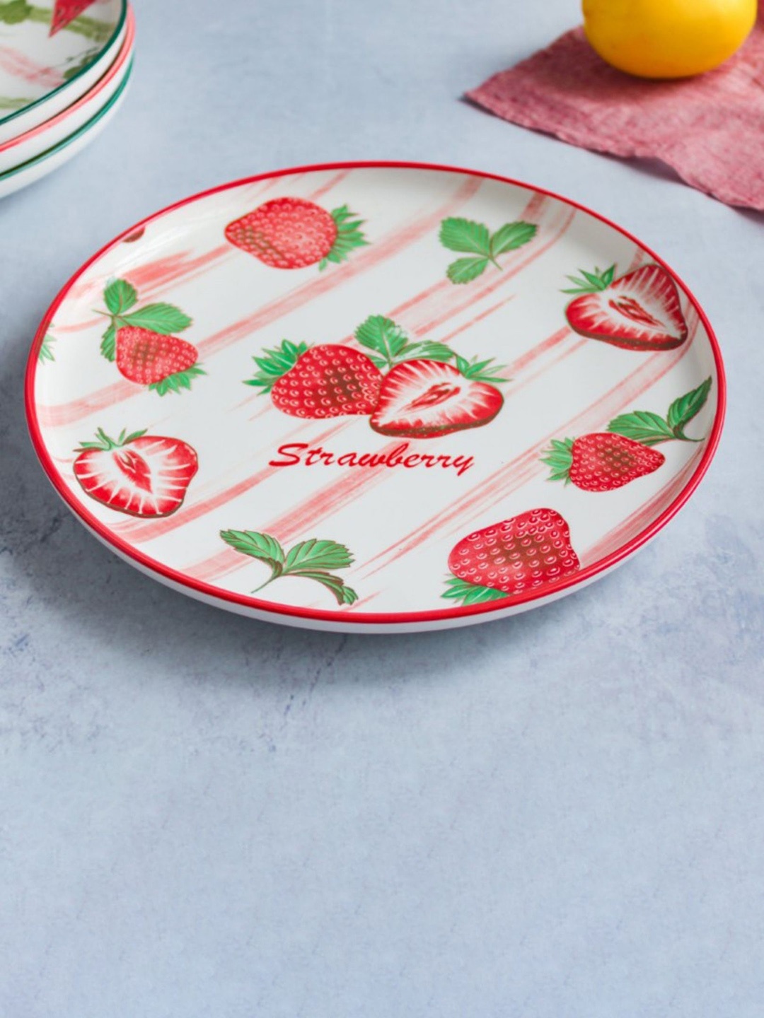 

Nestasia Red and White Microwave Safe Strawberry Fruit Printed Ceramic Snack Plate