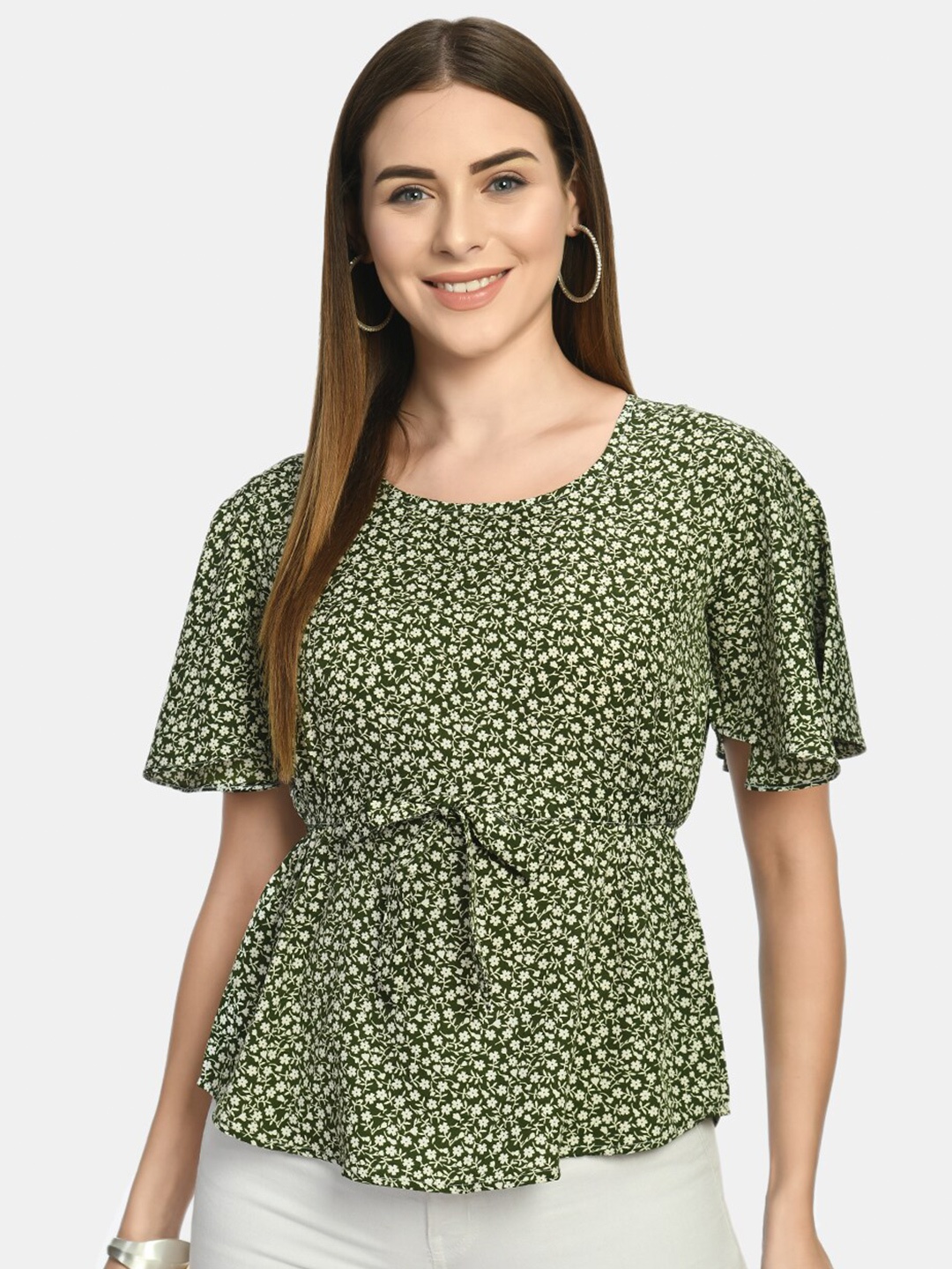 

RIYA Green Geometric Print Crepe Cinched Waist Top