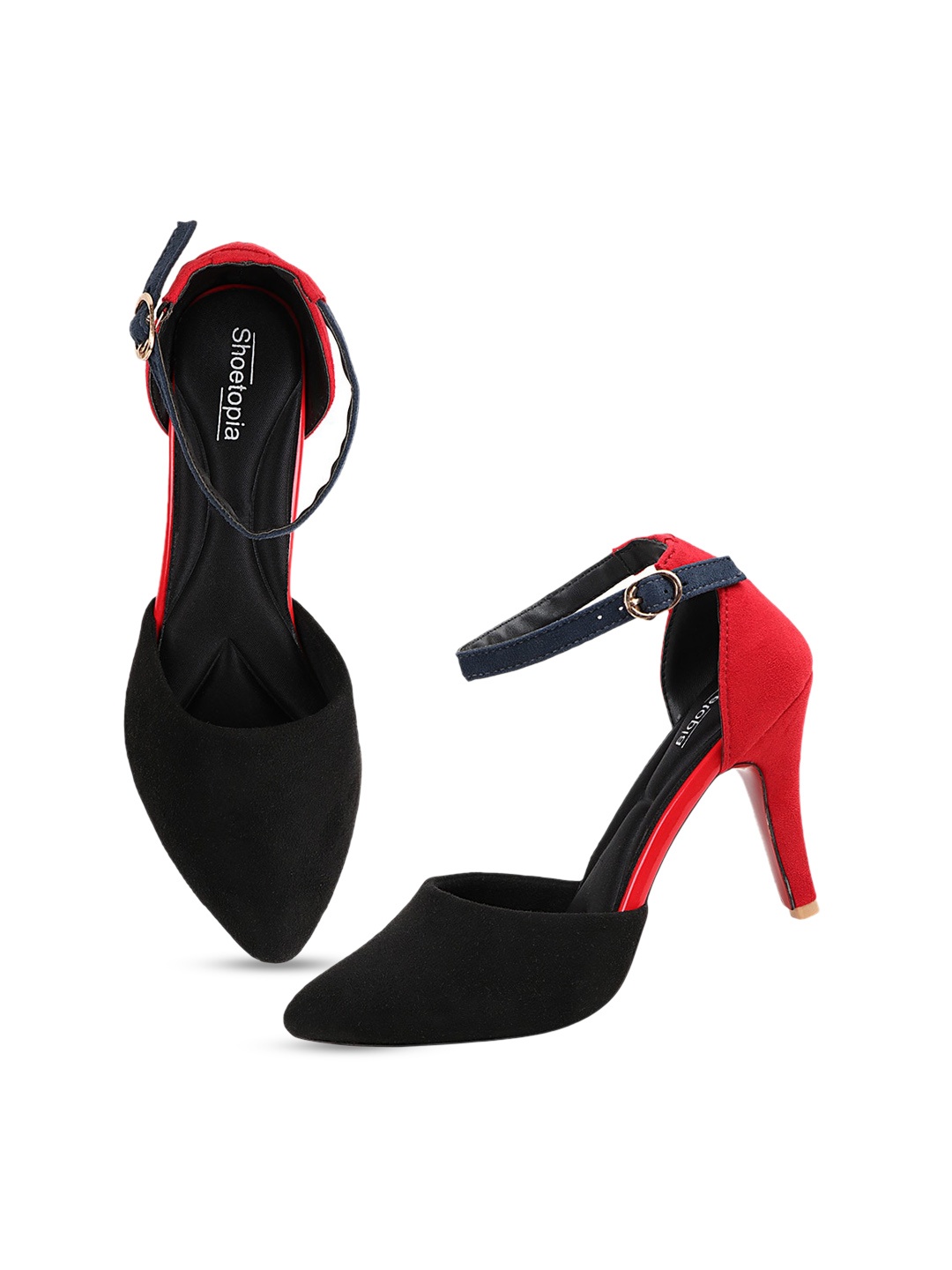 

Shoetopia Black & Red Textured Party Stiletto Sandals with Buckles