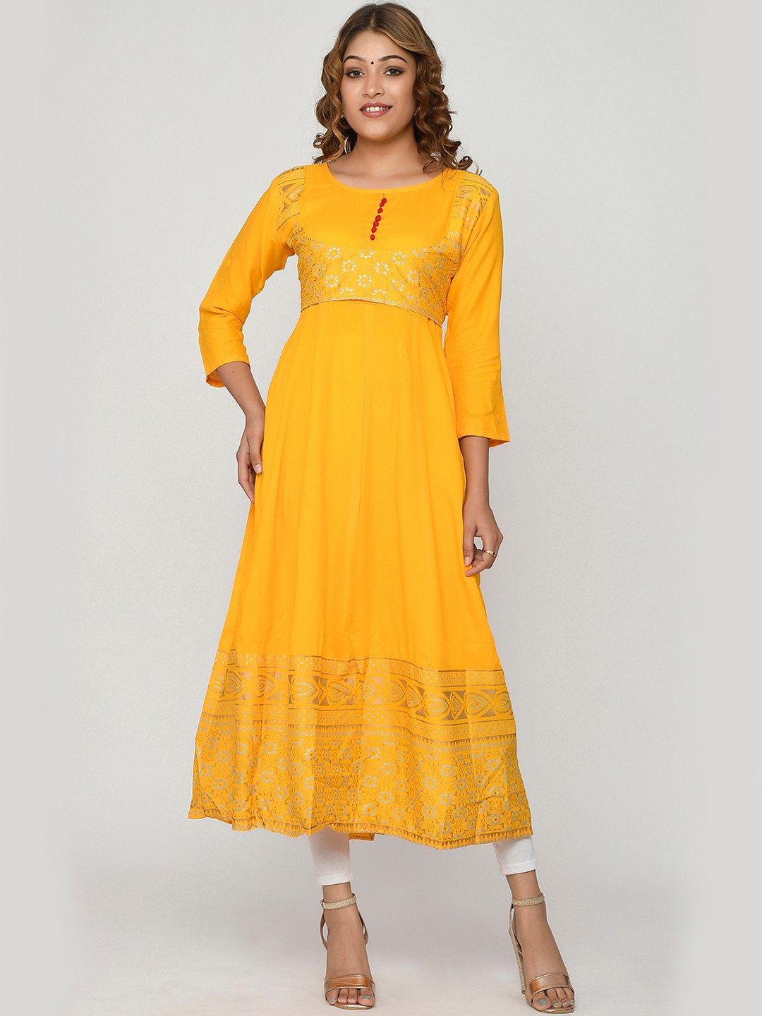 

Kesarya Women Yellow Ethnic Motifs Embroidered Thread Work Block Print Anarkali Kurta