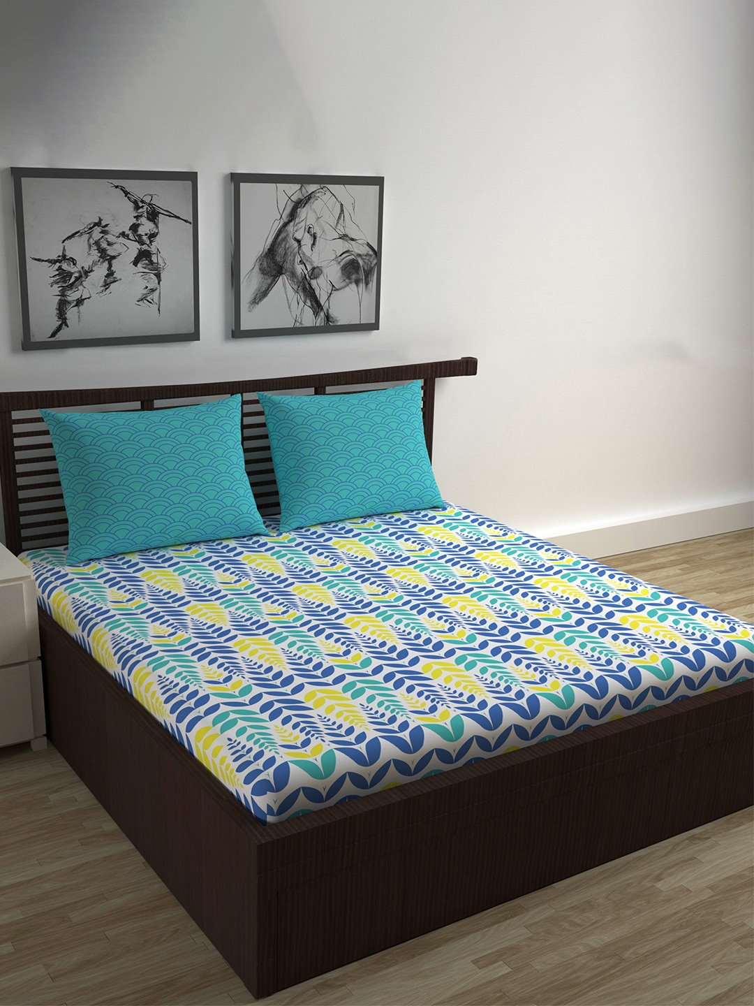 

Divine Casa Blue & Yellow Floral Blend Cotton 120 TC Double Bedsheet with 2 Pillow Covers