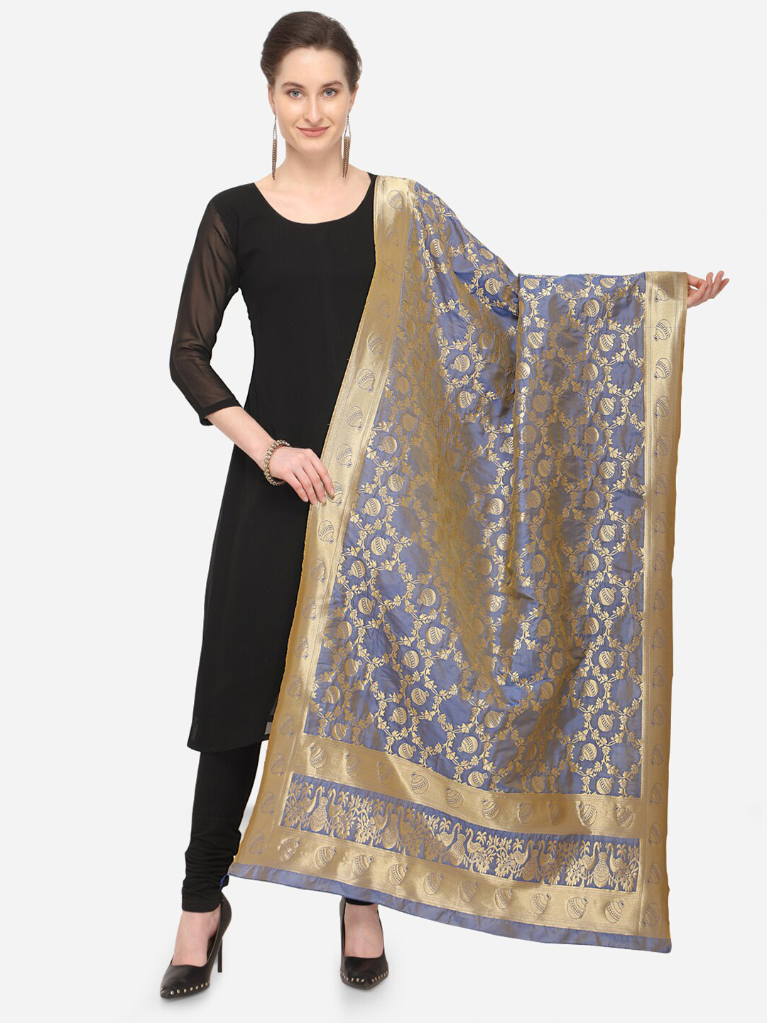 

mf Blue & Gold-Toned Ethnic Motifs Woven Design Art Silk Dupatta with Zari