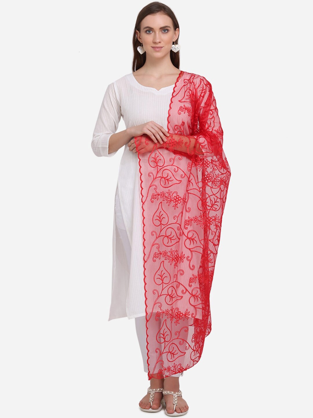 

mf Red Embroidered Dupatta with Thread Work