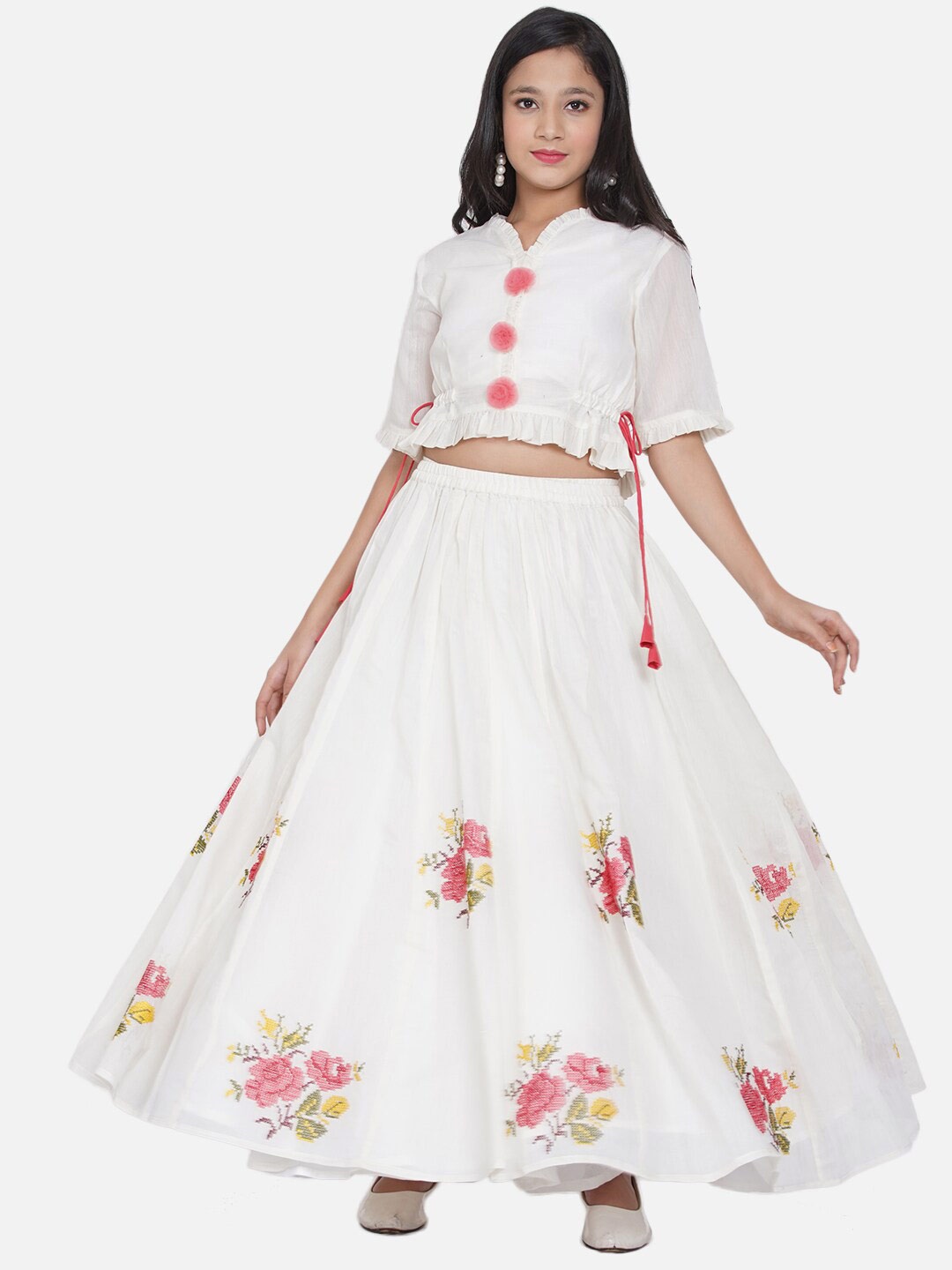 

Bitiya by Bhama Girls White Floral Printed Lehenga Choli