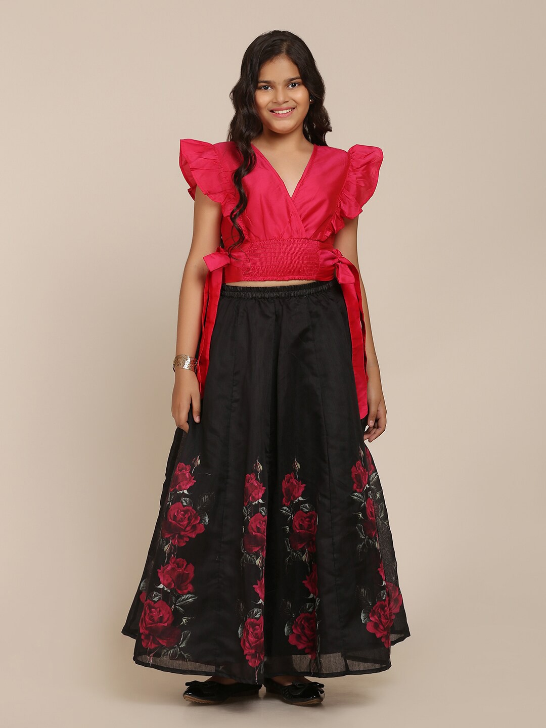 

Bitiya by Bhama Girls Red & Black Ready to Wear Lehenga Choli