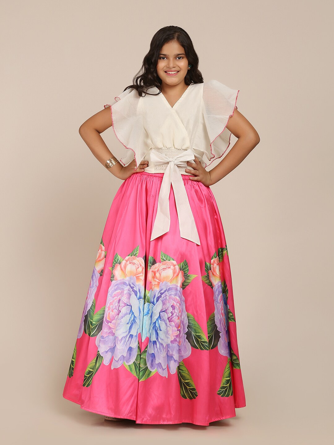 

Bitiya by Bhama Girls Off White & Pink Ready to Wear Digital Print Lehenga Choli