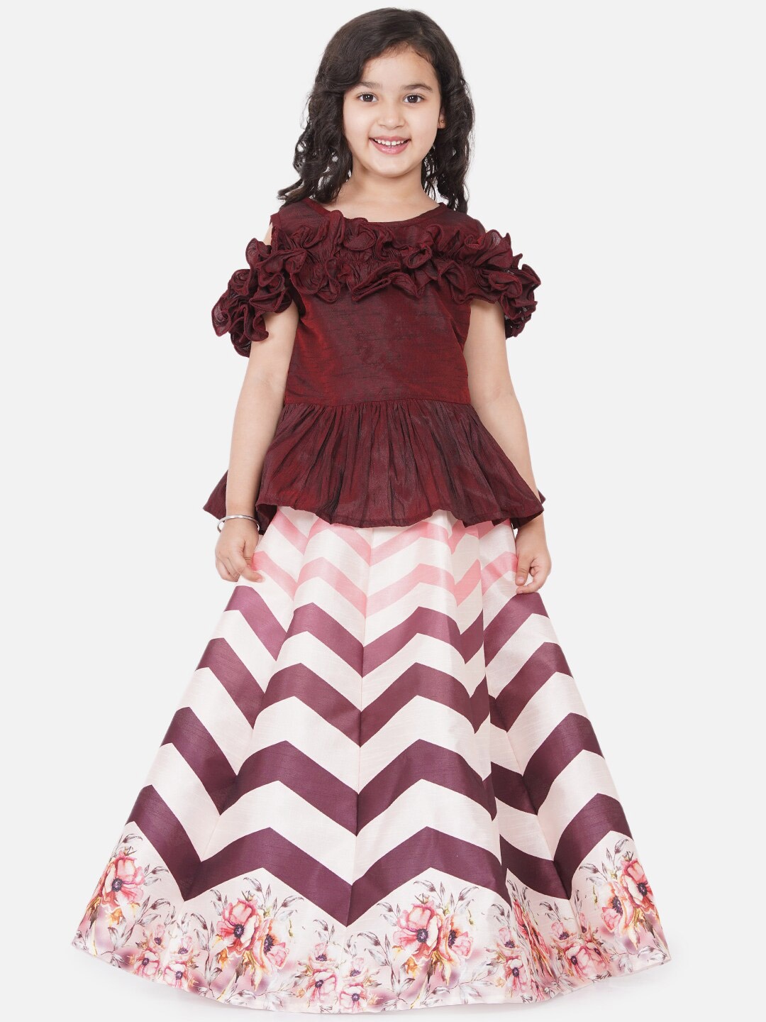 

Bitiya by Bhama Girls Brown & White Ready to Wear Lehenga