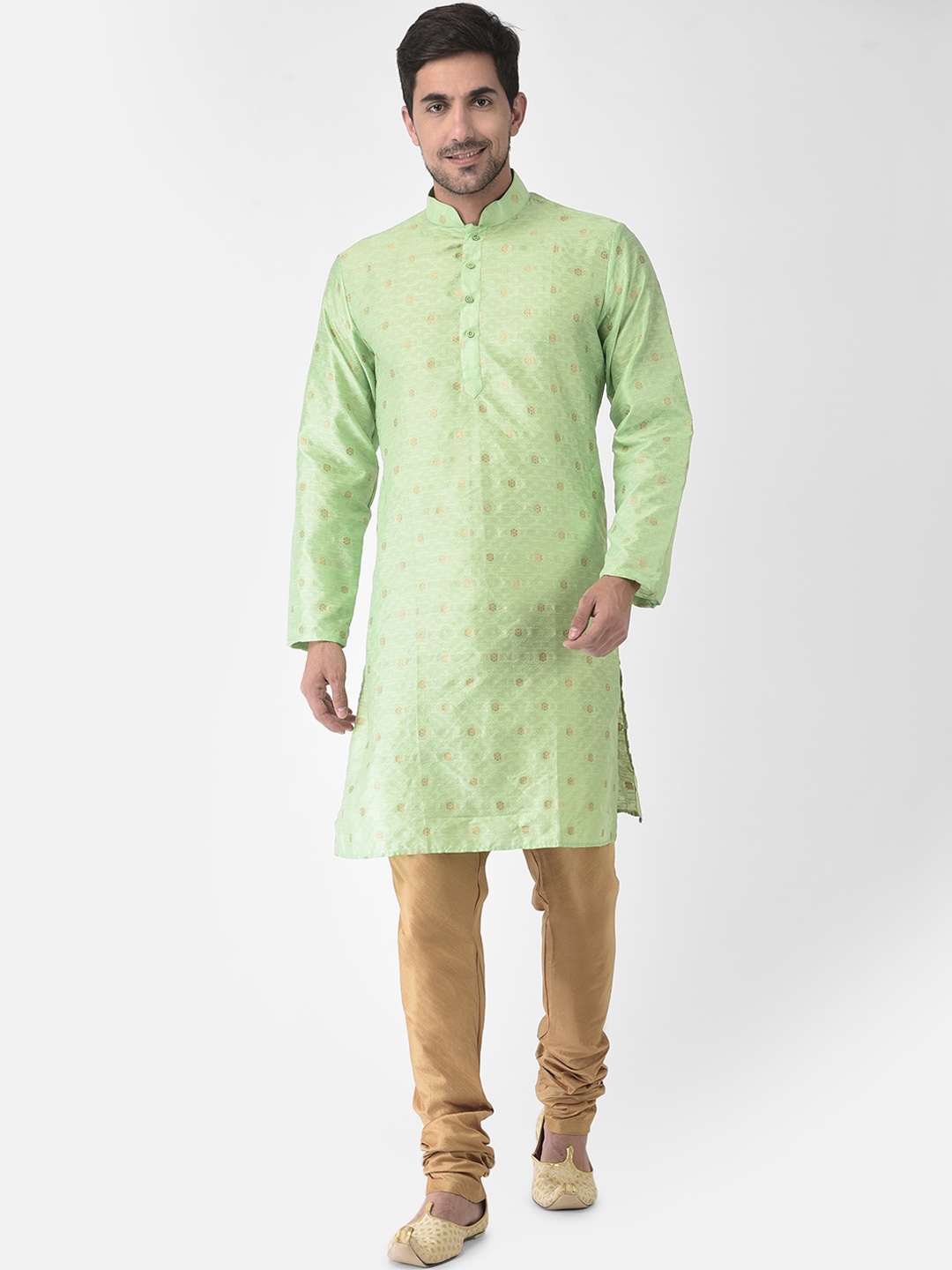 

SG LEMAN Men Sea Green Printed Raw Silk Kurta with Churidar