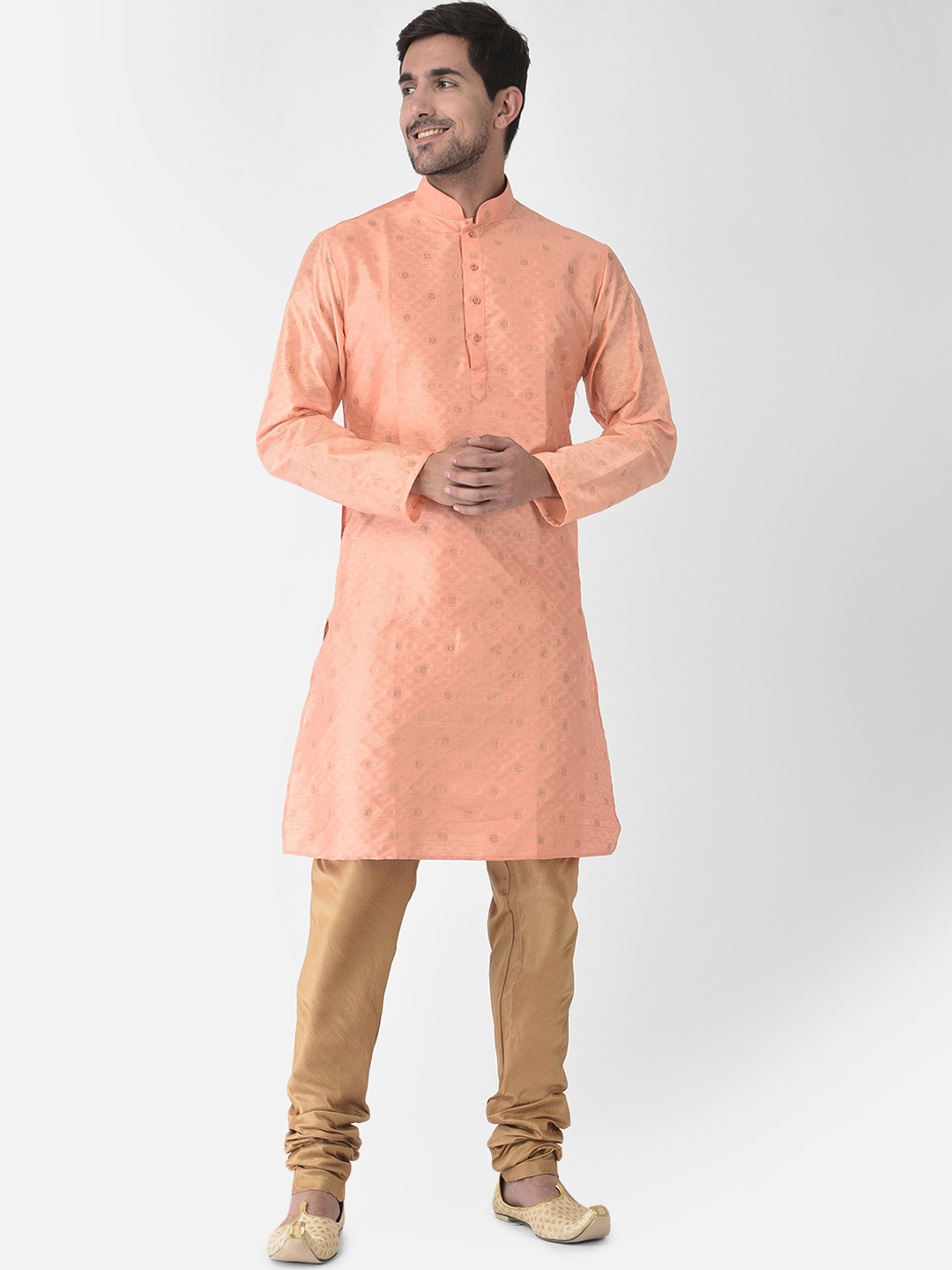 

SG LEMAN Men Peach and Copper Ethnic Motifs Raw Silk Kurta with Churidar