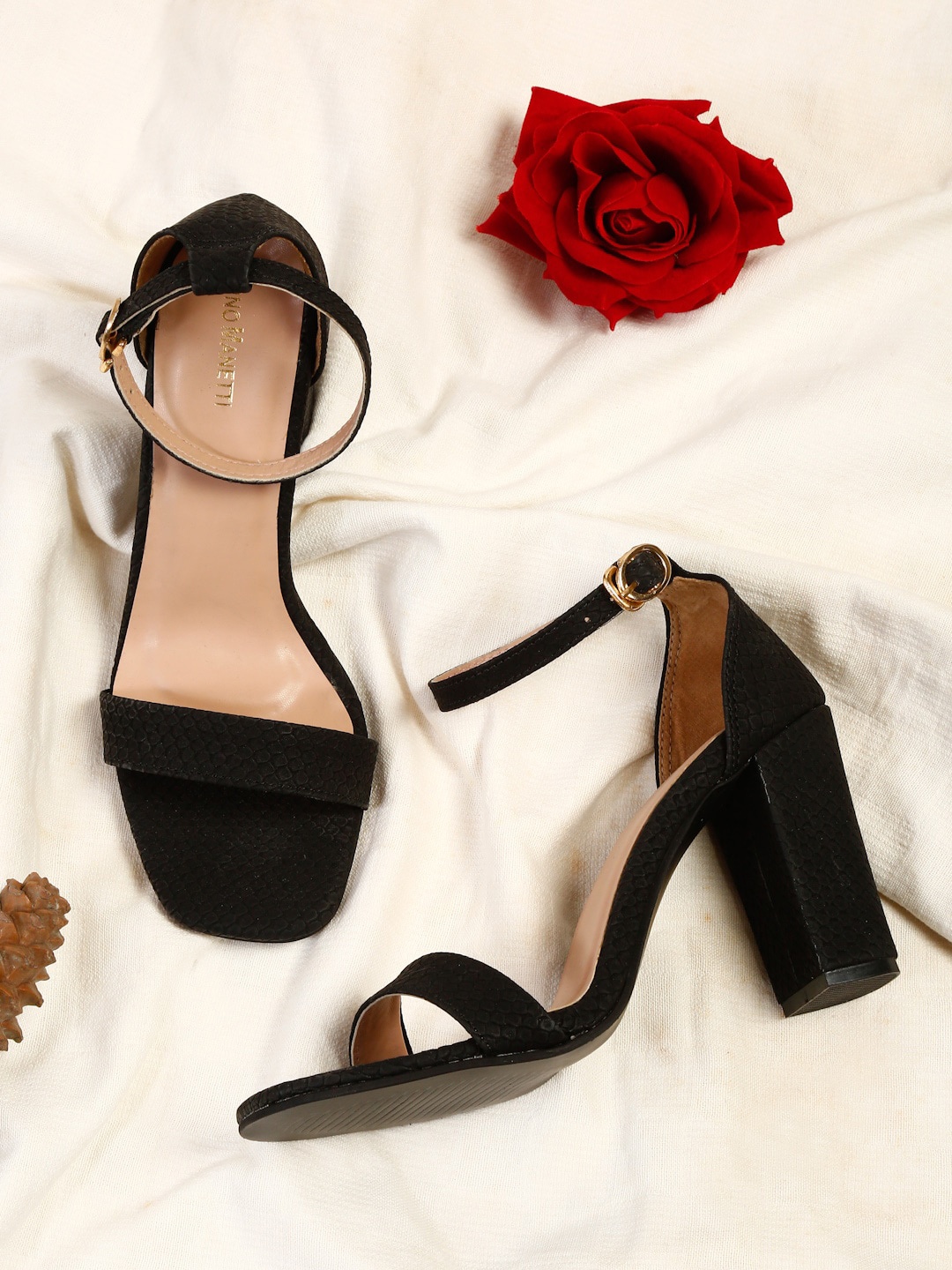 

Bruno Manetti Black Textured PU Party Block Sandals with Buckles