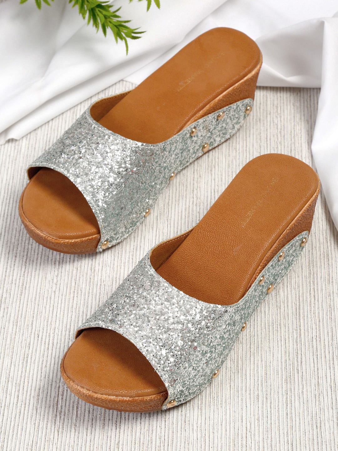 

Bruno Manetti Silver-Toned PU Wedge Mules