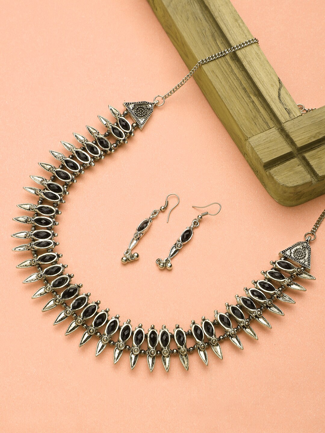 

CARDINAL Silver-Toned Black Stone Studded Oxidized Choker Jewellery Set