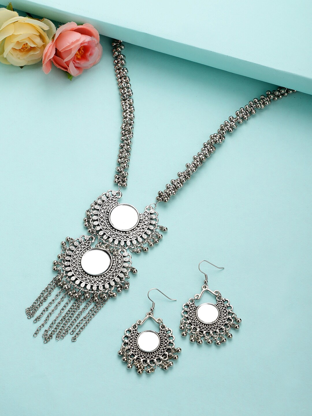 

CARDINAL Oxidised Silver-Toned Mirror Studded Jewellery Set
