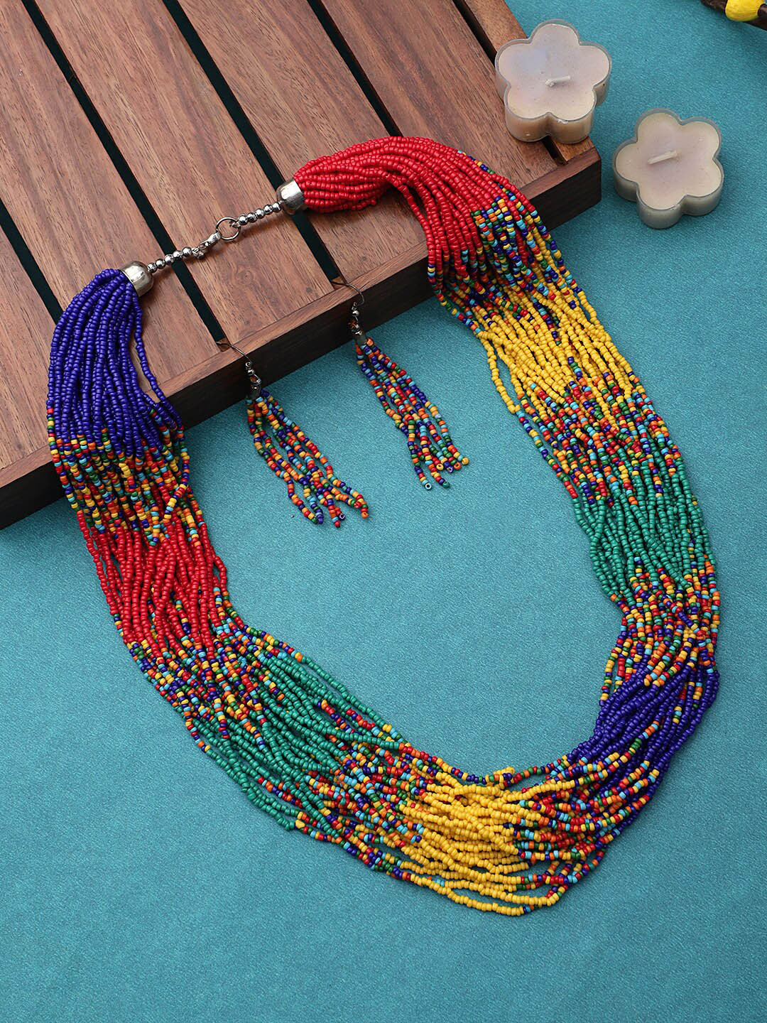 

CARDINAL Red & Green Beaded Multistring Necklace & Earrings Set, Blue