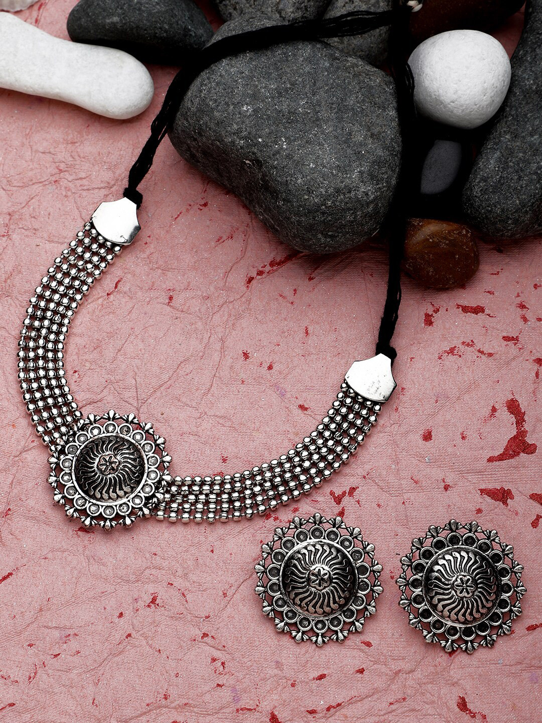 

CARDINAL Oxidised Silver-Coloured Choker Jewellery Set