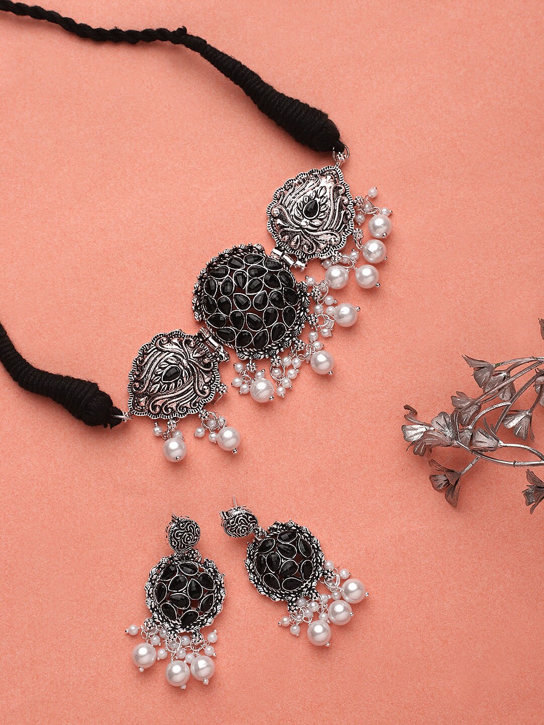 

CARDINAL Silver-Toned Black Stone Studded Oxidized Jewellery Set