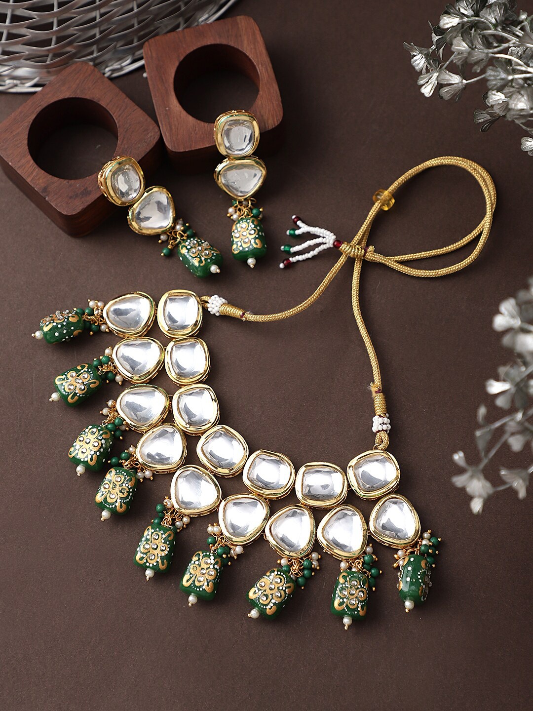 

CARDINAL Gold-Toned Green & White Kundan Studded Jewellery Set