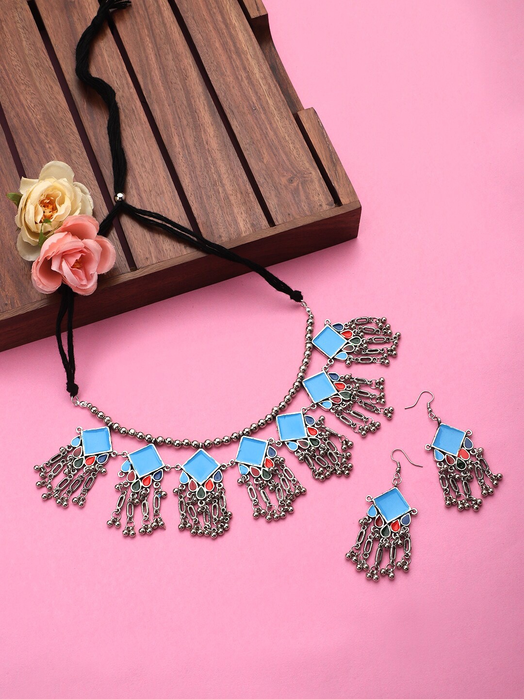 

CARDINAL Silver-Plated Blue & red Stone Studded Oxidized Jewellery Set