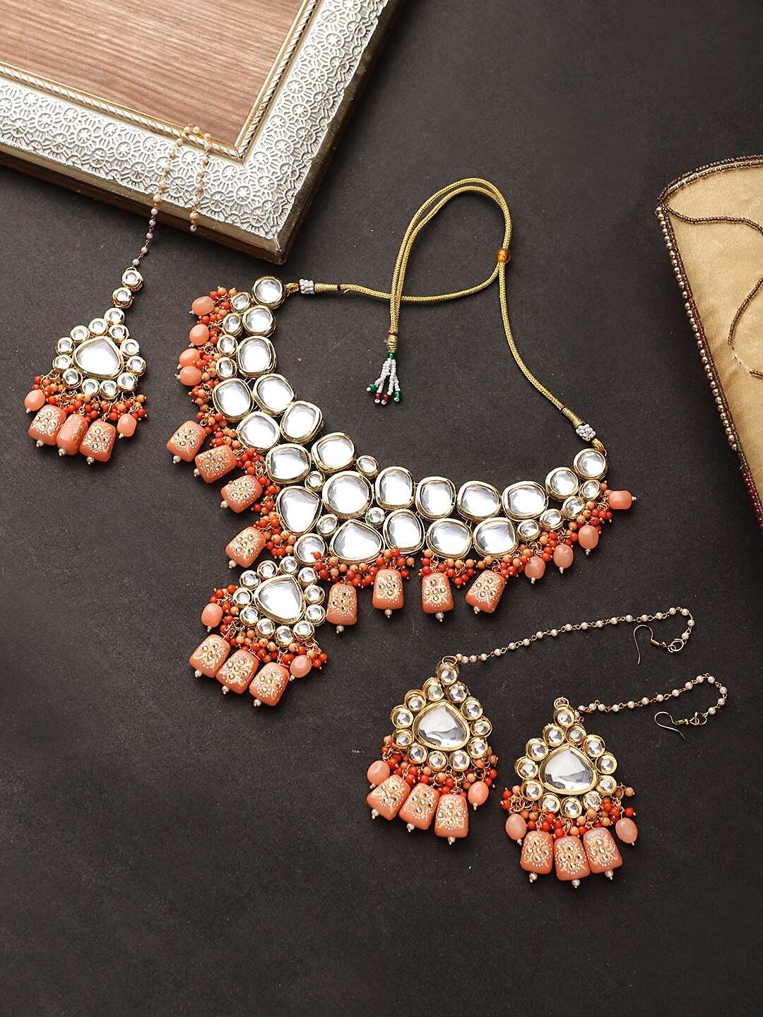 

CARDINAL Women Gold-Toned Peach & White Kundan Studded Jewellery Set, Silver