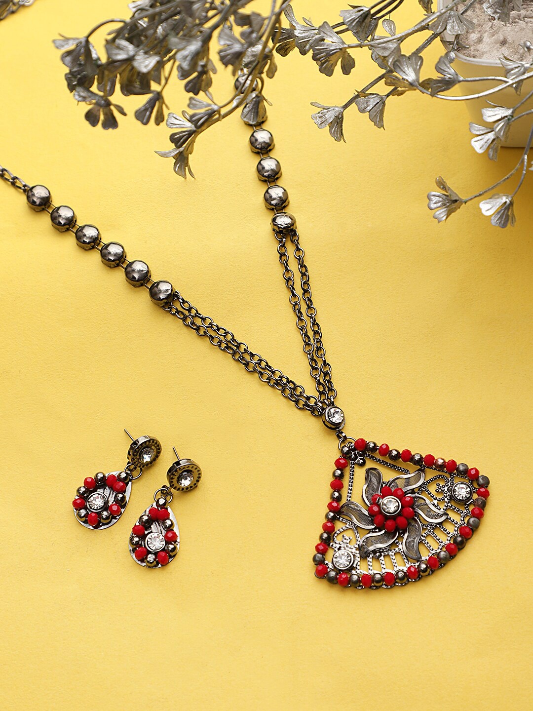 

CARDINAL Women Oxidised Silver-Plated Red Stone Studded & Beaded Jewellery Set