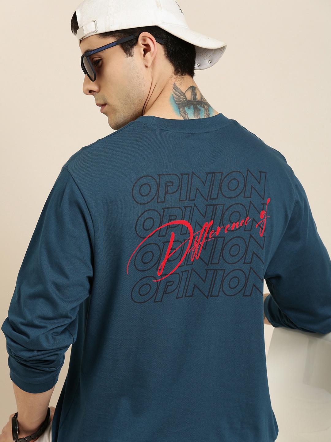 

Difference of Opinion Men Navy Blue Typography Printed Pure Cotton Loose T-shirt