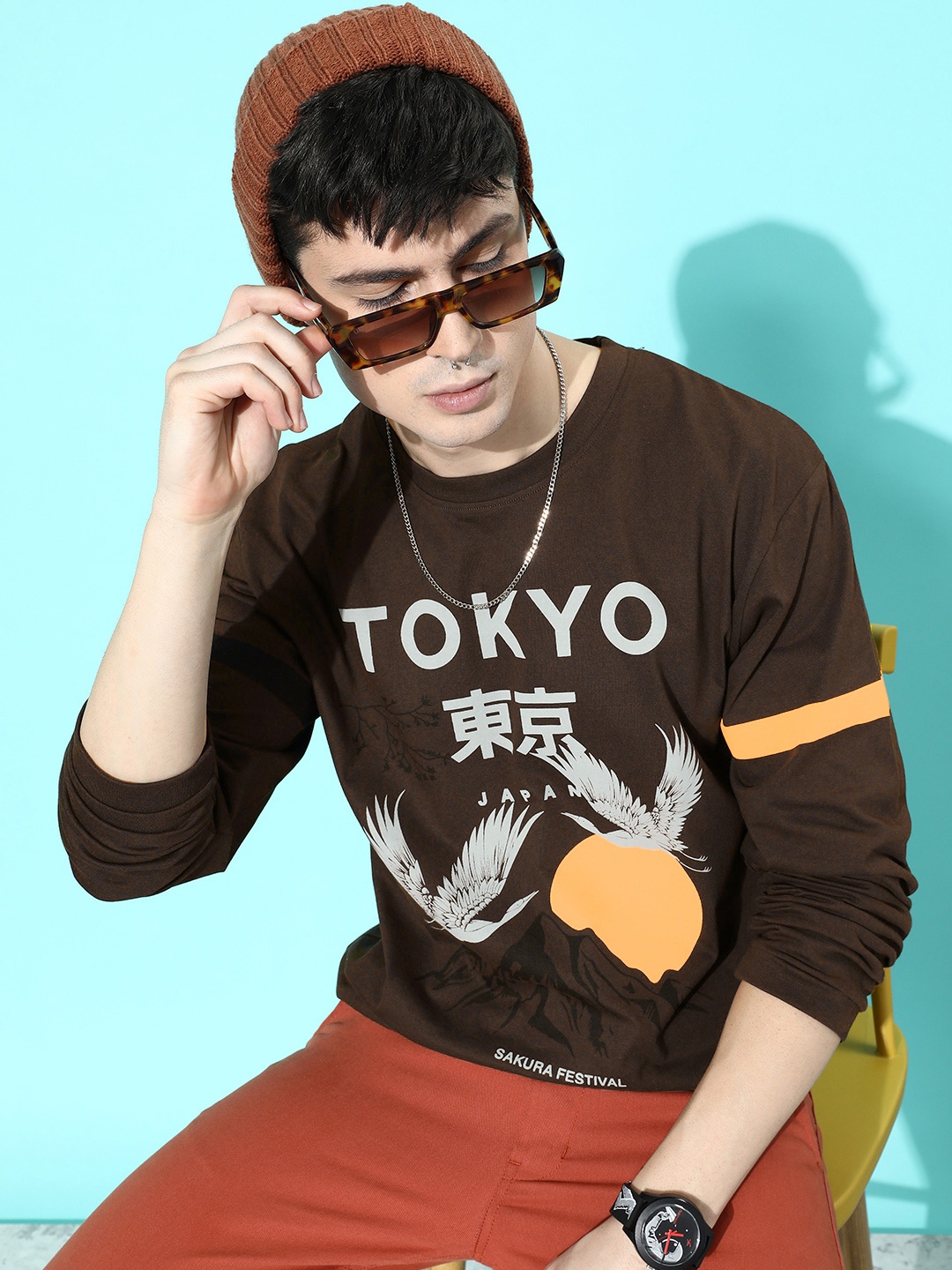 

Difference of Opinion Men Brown Printed Pure Cotton Loose T-shirt