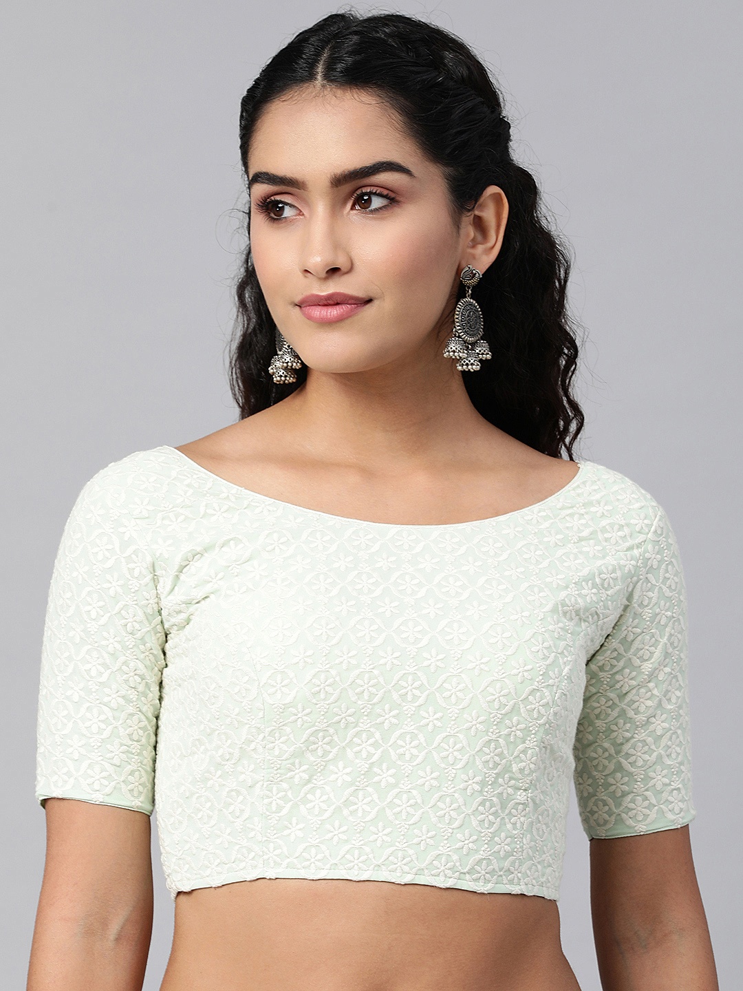 

flaher Women Green Embroidered Georgette Readymade Padded Blouse