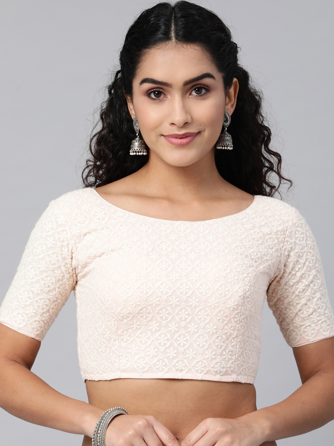 

flaher Women Beige Embroidered Georgette Readymade padded Blouse