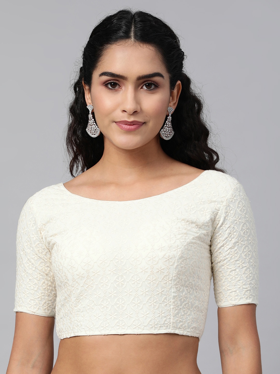 

flaher Women Off-White Embroidered Georgette Readymade Padded Blouse